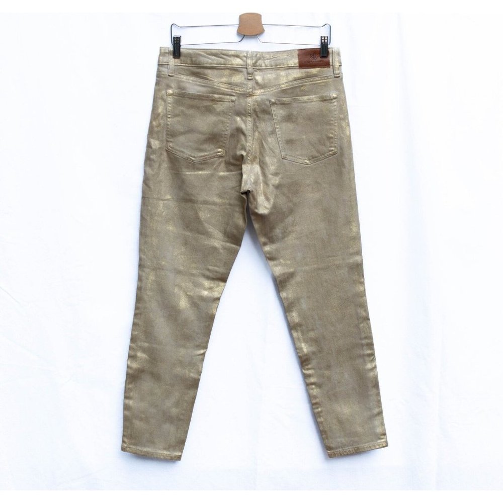 NWT Ralph Lauren Womens Metallic Gold Sz 12 Mid Rise Skinny Ankle Stretch Jeans - Picture 2 of 6